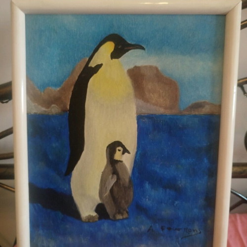 Painting with penguins like new in white wooden frame
