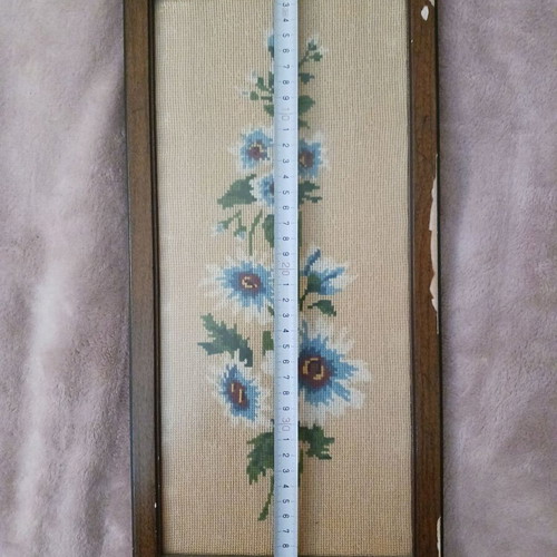 Vintage embroidered textile painting flowers used, framed