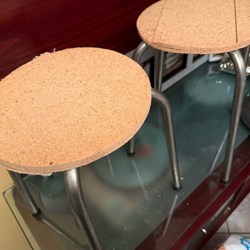 Set of 2 stools used, wooden seat surface and metal legs