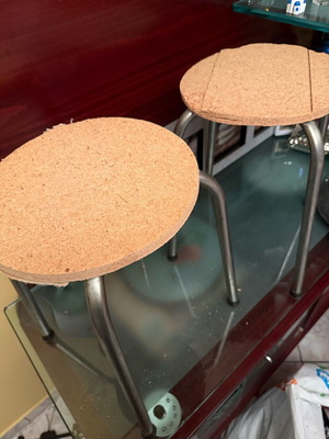 Set of 2 stools used, wooden seat surface and metal legs