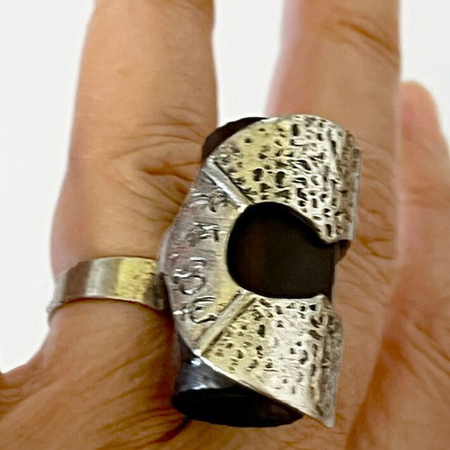 Forged ring with wooden cylinder, like new, brown and silver