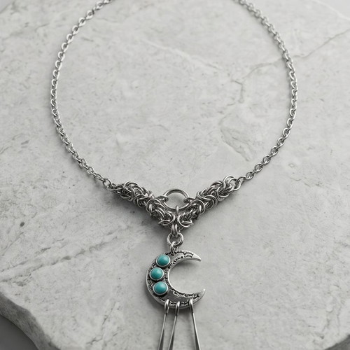 Steel Byzantine Necklace with Crescent and Turquoise Stones new