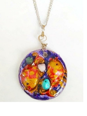 Pisces Handmade Long Necklace Polymer Clay with Semi-Precious Stones