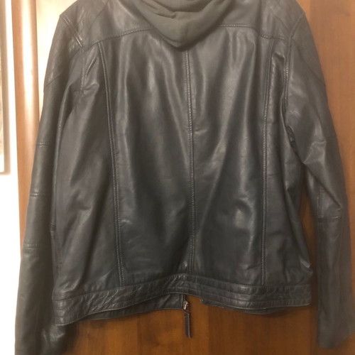 Leather jacket used with fabric hood blue XXL