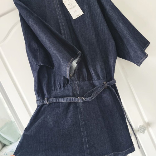 Zara Dark Blue Denim Mini Dress with Kimono Sleeves and Belt Size M New