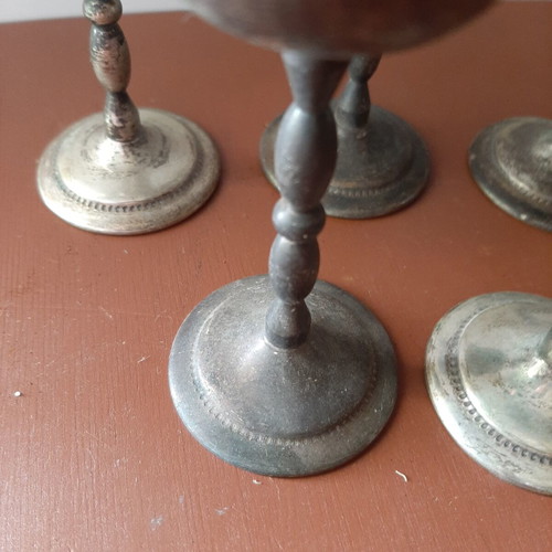 Old engraved liqueur glasses, set of 5, patina