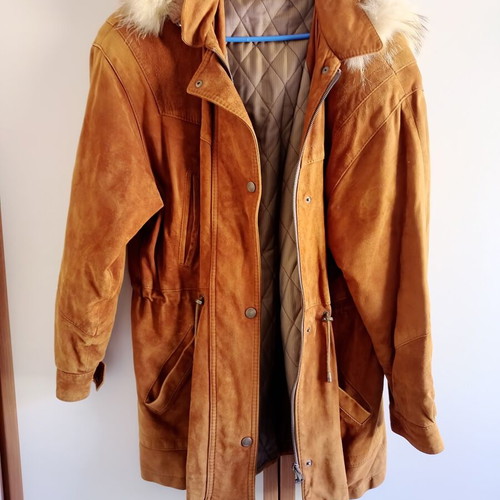 Adidas long leather jacket with fur hood, size L