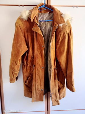 Adidas long leather jacket with fur hood, size L