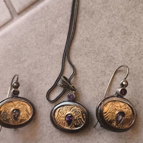 Handmade Byzantine Style Jewelry Set Silver with Amethyst Stone Like New