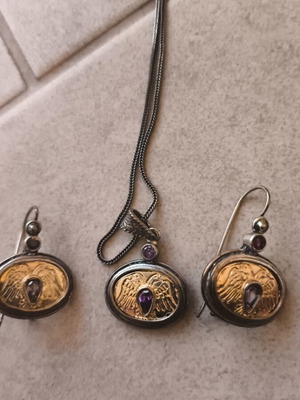Handmade Byzantine Style Jewelry Set Silver with Amethyst Stone Like New