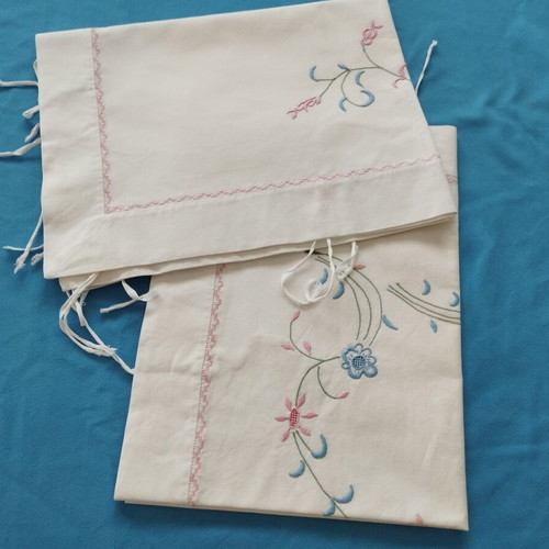 Handmade XL pillowcases pair 1m with floral embroidery and cross-stitch