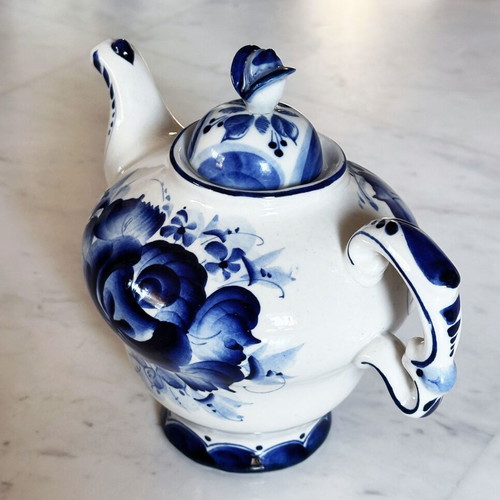 Gzhel porcelain handmade teapot coffee pot used 1990s