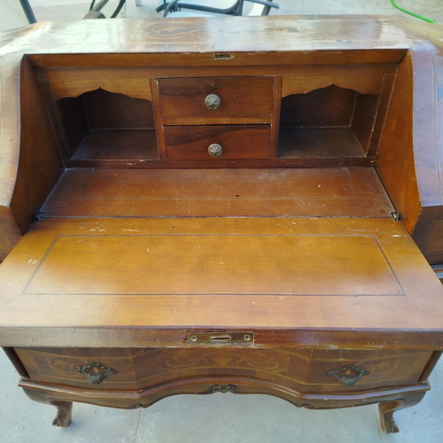 French Secretary Desk used, solid wood with marquetry and brass handles