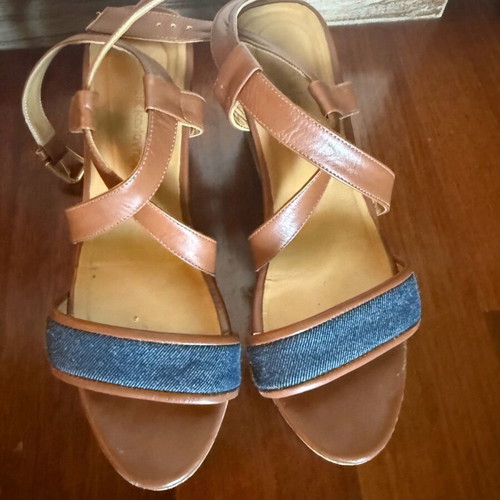 Kalogirou leather platform sandals used, tan with denim detail