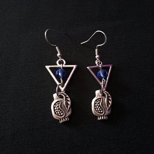 Handmade earrings with blue crystal and pomegranate, new