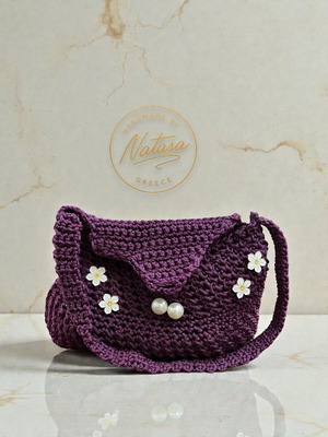 Handmade purple knitted shoulder bag with white flowers and pearls, new