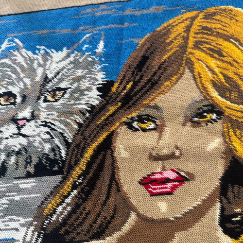 Embroidery with woman and cat used 69x56 cm for decoration