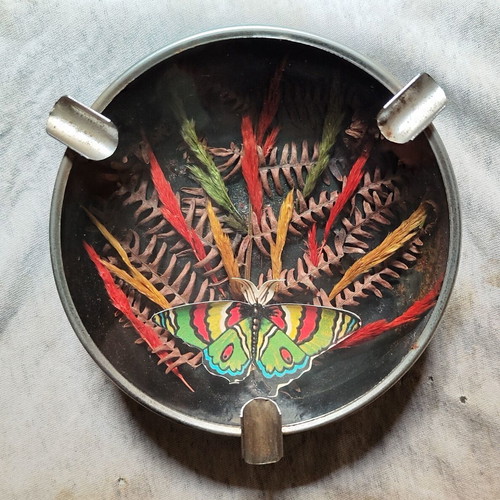 Vintage 1970s Taxidermy Butterfly Ashtray with Madagascar Sunset Moth