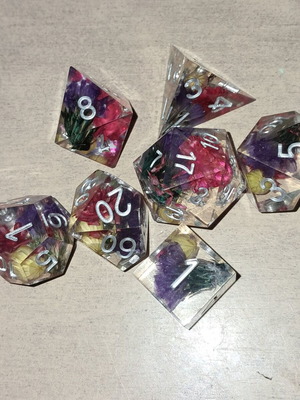 Summer meadow D&D dice set with colorful flowers inside