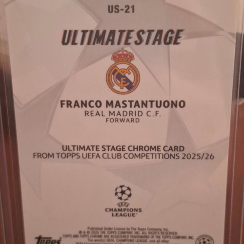 Franco Mastantuono Real Madrid Topps Chrome 2025/26 Ultimate Stage Blue Refractor 101/150 Rookie Card like new