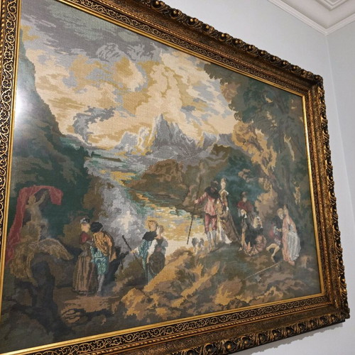 Embroidered painting used inspired by Antoine Watteau's "The Voyage to Cythera"