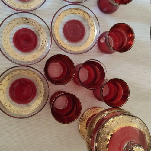 Vintage red glass liqueur tea set with gold used