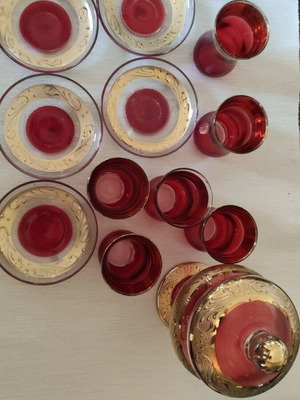 Vintage red glass liqueur tea set with gold used