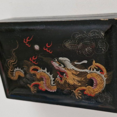 Wooden box used with painted Chinese dragon on black lacquer
