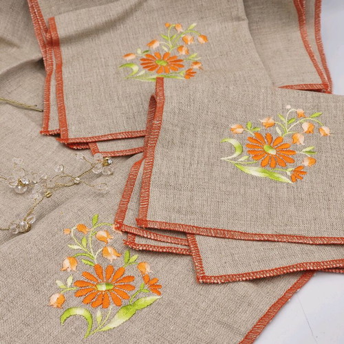 Table runner and six linen napkins set with decorative embroidery and orange trim new