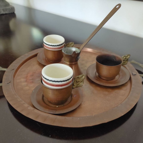Copper coffee serving tray with cups and cezve set new