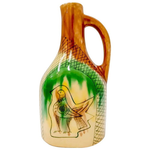 Ceramic Jug handpainted with Bird Brown Green 23 cm like new