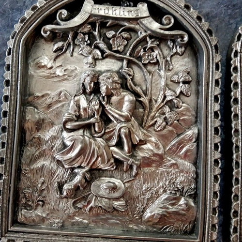 Set of three Zinn relief tin paintings Handarbeit