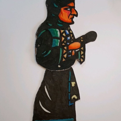 Shadow theatre figure old woman used, carved cardboard, painted