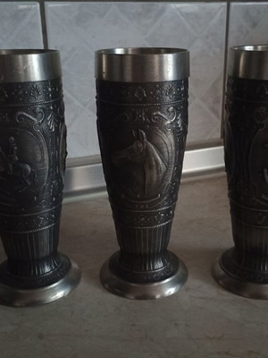 Vintage German pewter cups used with embossed horse designs, set of 3