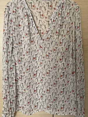 Silk blouse size M, like new, white gray with black and red patterns