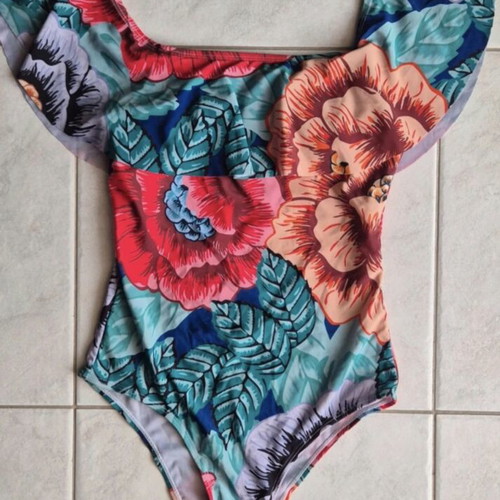 Floral Off Shoulder One-Piece Swimsuit with Ruffles Size M Like New