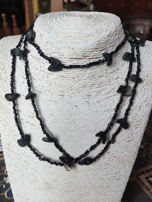 Handmade long necklace with black beads and shell chips like new