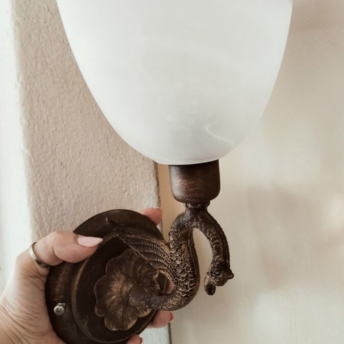Collectible Antique Wall Sconce Solid Bronze with Alabaster Opaline Glass