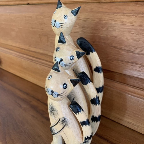 Set of three handmade wooden cat figurines new