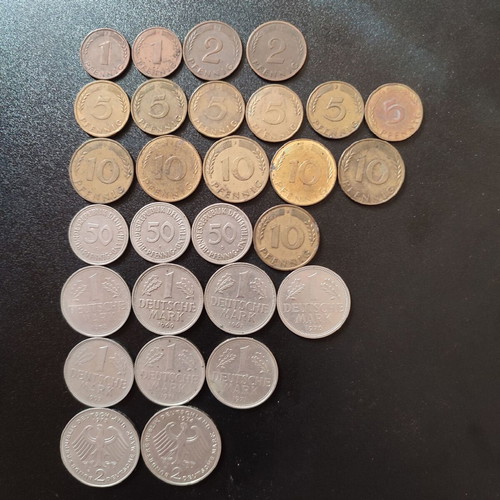 German coins used, pack of 26 Deutsche Mark/Pfennig