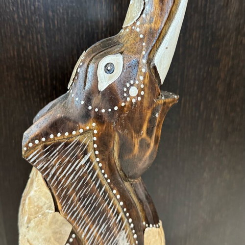 Elephant statue new, wood and mother-of-pearl ornaments, 80 cm