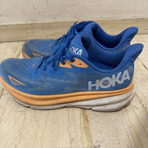 Hoka Clifton 9 running shoes used, size 46 2/3 EU, blue/orange