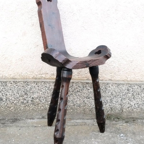 Spanish brutalist hand-carved oak chair used