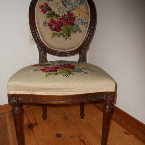 Pair of embroidered carved chairs used, vintage