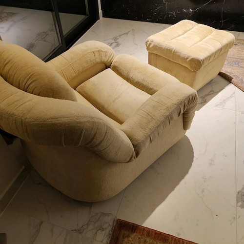 Armchair with ottoman like new, beige velvet fabric