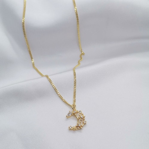 18K Gold-Plated Necklace with Crescent Moon and Zircon, 45cm, New