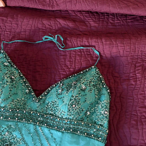 Charly evening dress like new, 100% silk turquoise with bead embroidery