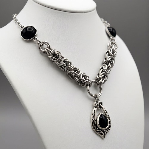 Steel Chainmail Necklace with Black Onyx Adjustable 40-50 cm