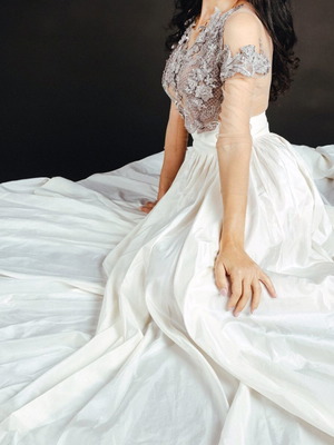 Custom-made dress refurbished with Elie Saab lace, white and beige