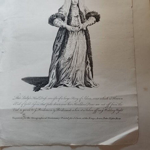 Copper engraving used, bridal dress of Greek lady with wedding customs description